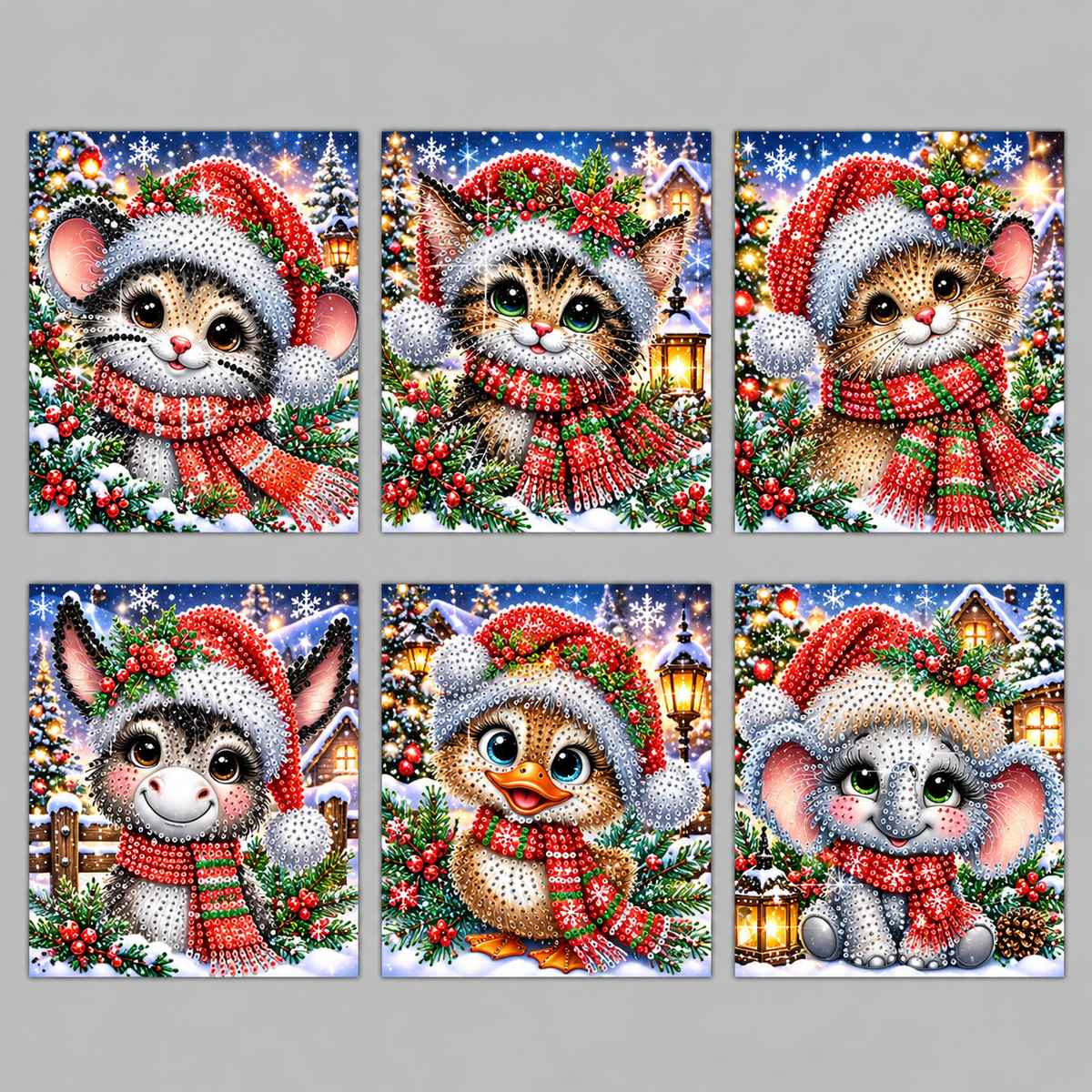 Niedliche Weihnachtstiere-Karten | 6 Stück | Diamond Painting