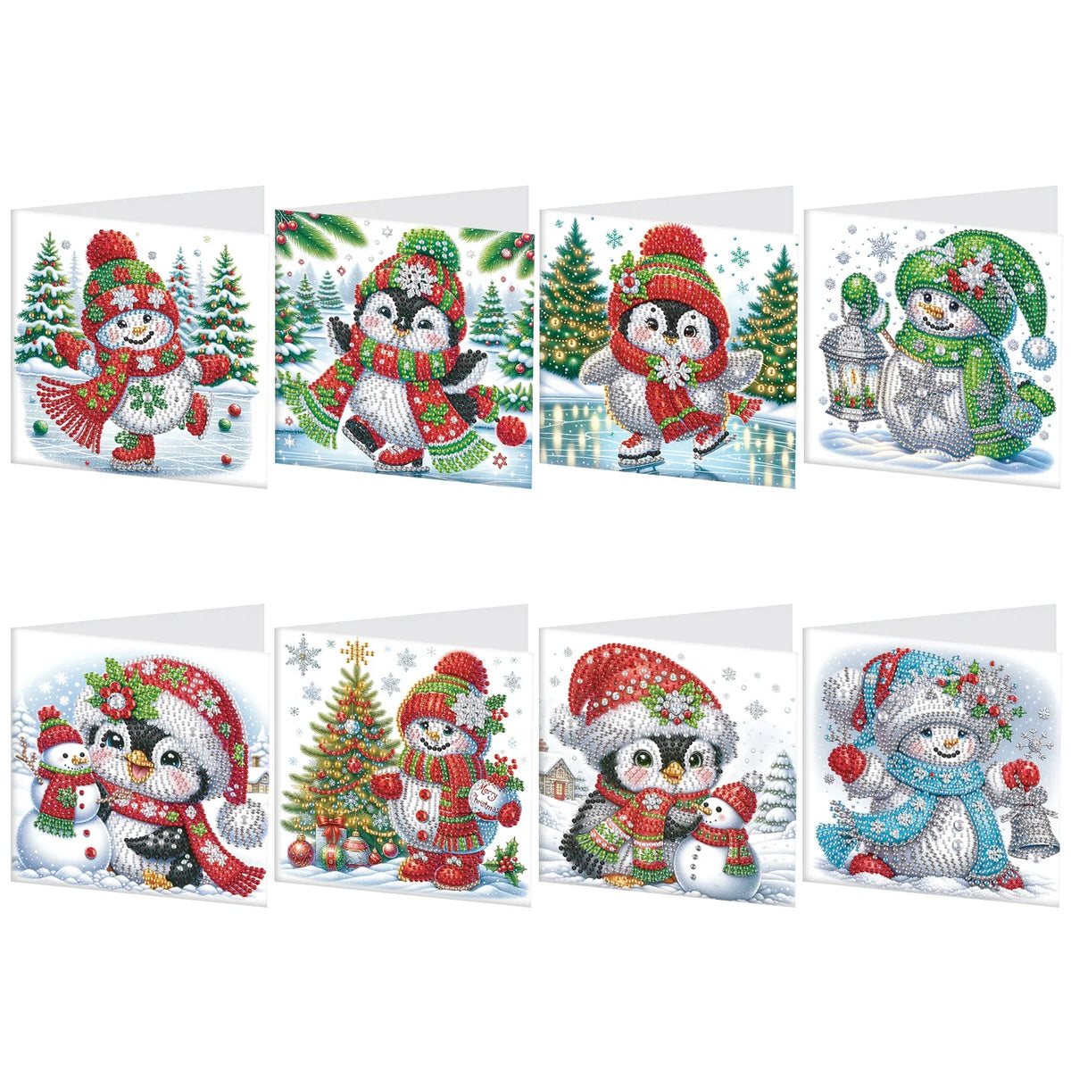 Pinguine & Schneemänner Weihnachtskarten | 8 Stück | Diamond Painting