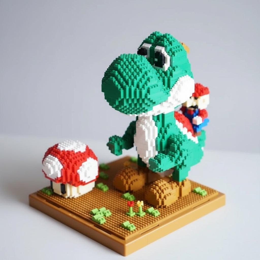 Grüner Dino mit rotem Klempner auf dem Baubrett  | Bausteine