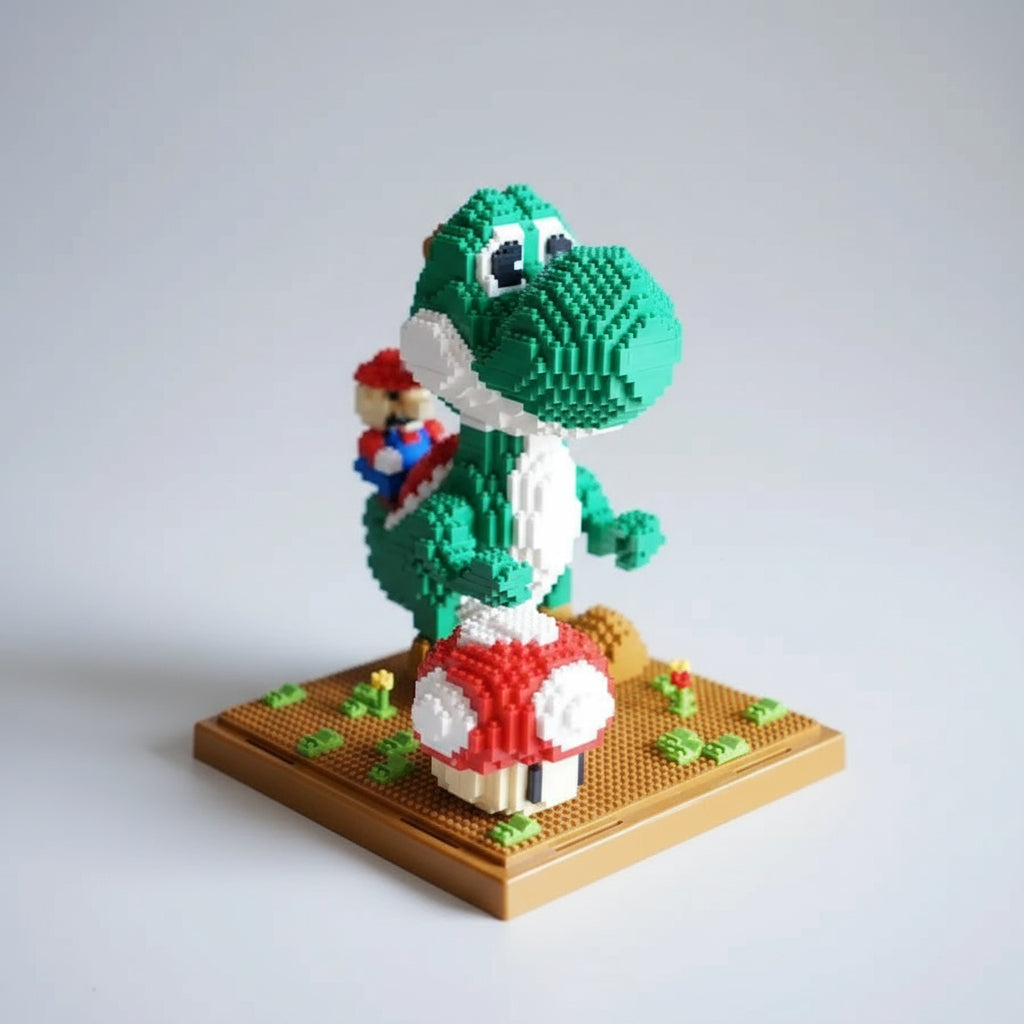 Grüner Dino mit rotem Klempner auf dem Baubrett  | Bausteine